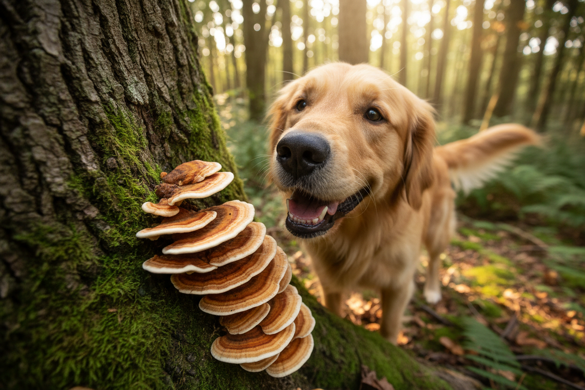 what about a happy dog sniffing turkey tail mushrooms on a tree?