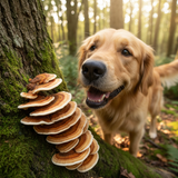 what about a happy dog sniffing turkey tail mushrooms on a tree?
